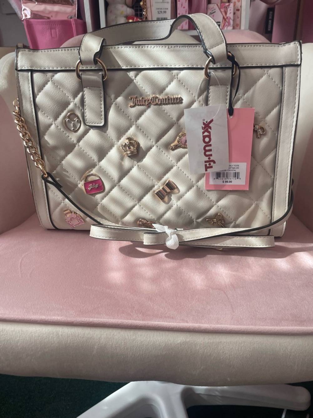 Juicy Couture Cream Quilted Satchel with Gold Charm Accents